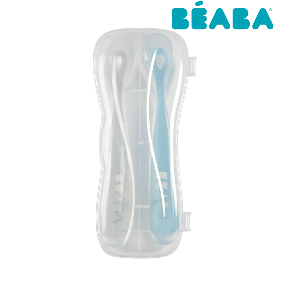 BEABA 第1階段矽膠湯匙2件組(附盒)-(藍灰/粉灰)2款可選